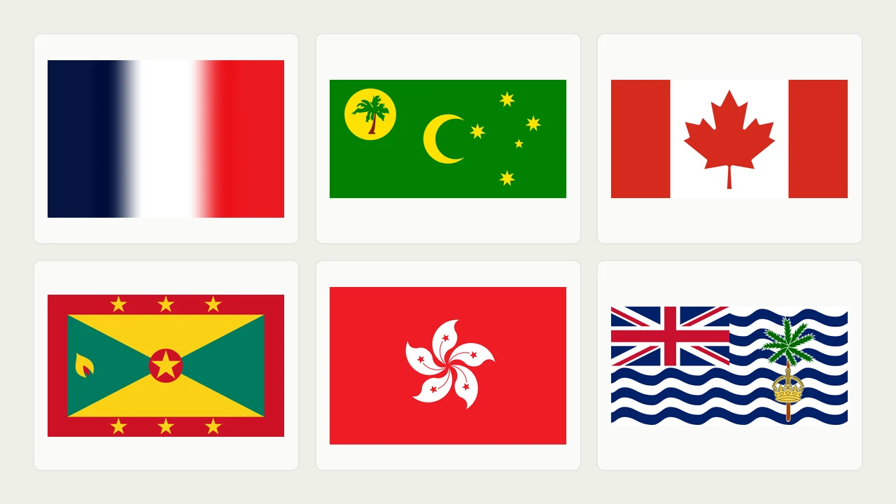 Bayraklardan oluşan görsel seçki: Guadeloupe, Cocos (Keeling) Adaları, Kanada, Grenada, Çin Hong Kong ÖİB, Britanya Hint Okyanusu Toprakları.