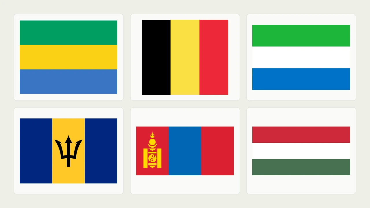 Bayraklardan oluşan görsel seçki: Gabon, Belçika, Sierra Leone, Barbados, Moğolistan, Macaristan.