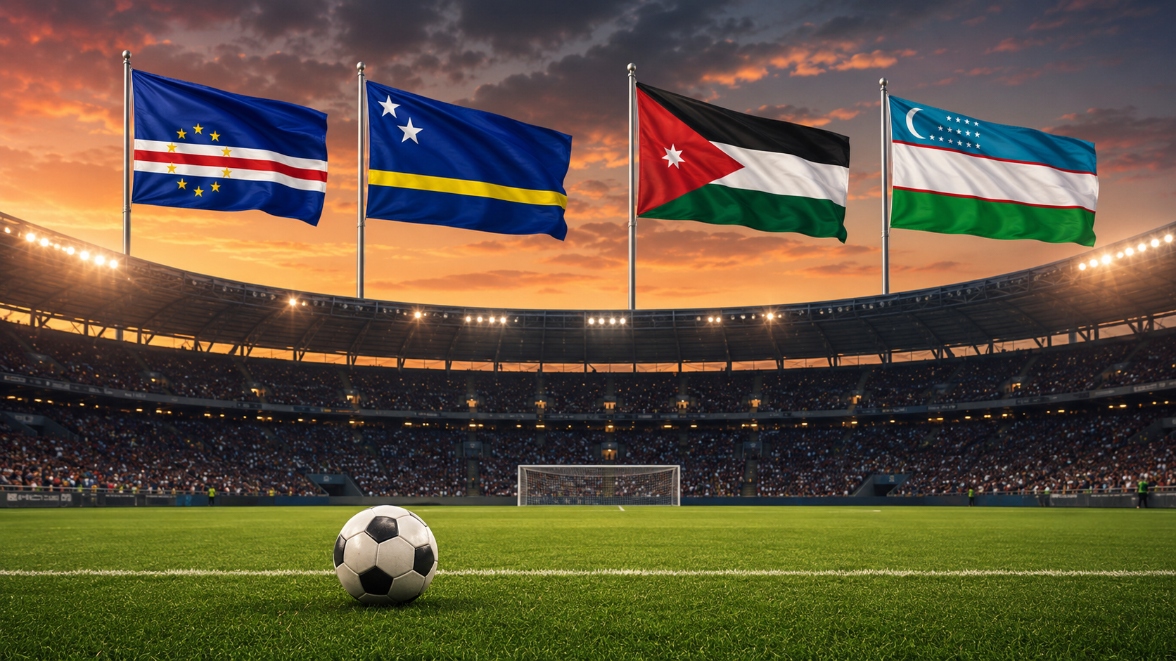 Kap Verden, Curaçaon, Jordanian ja Uzbekistanin liput jalkapallostadionilla auringonlaskussa