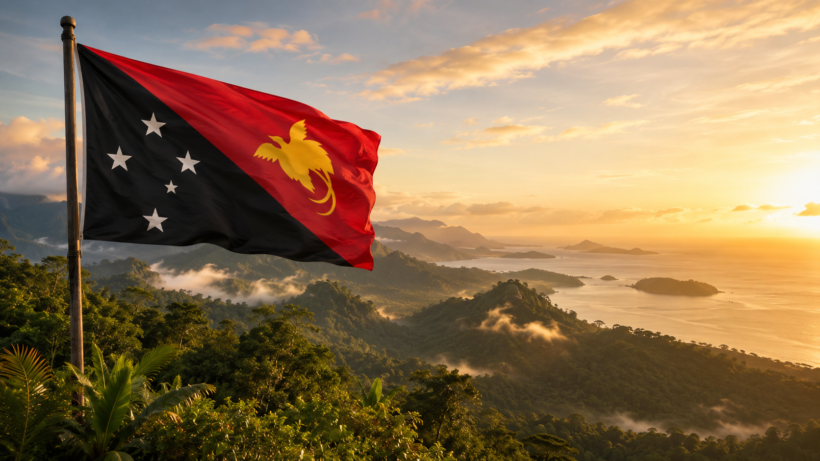 Papua-Uuden-Guinean lippu liehumassa trooppisessa vuoristomaisemassa