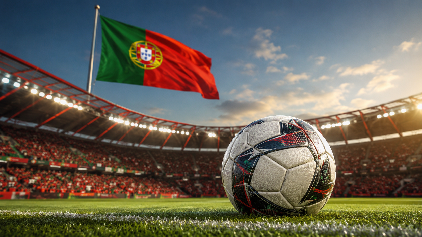 Portugalin lippu stadionin tunnelmassa, etualalla jalkapallo ja lipun vaakunan yksityiskohtia