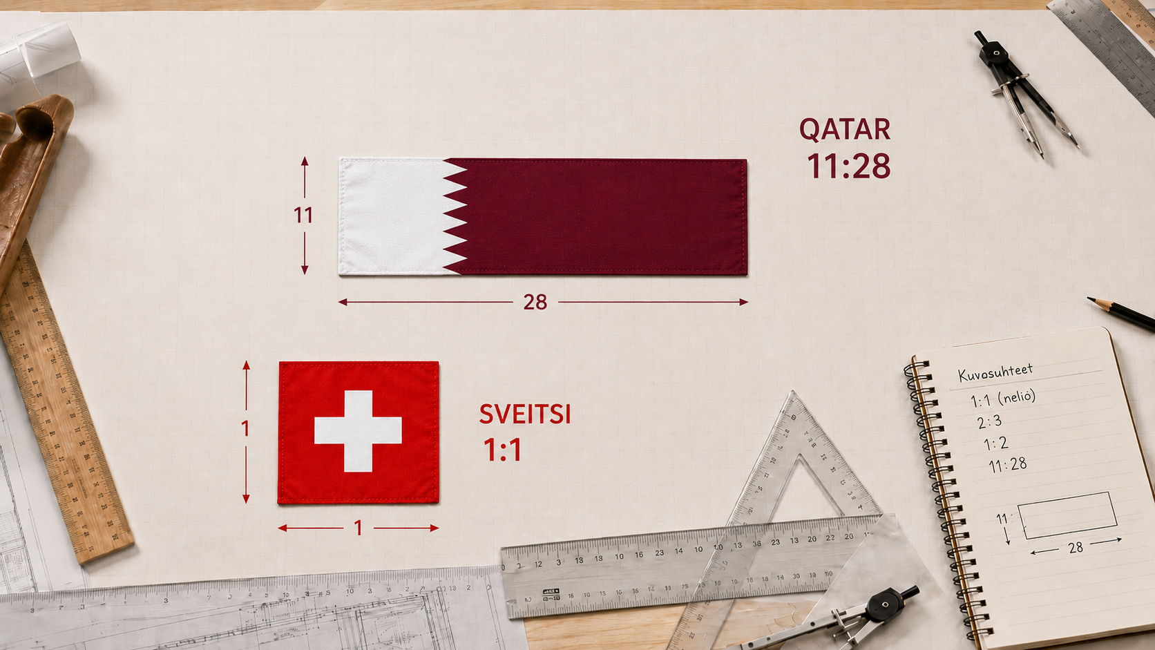 Qatarin pitkä lippu ja Sveitsin neliönmuotoinen lippu suunnittelupöydällä viivainten ja kuvasuhdemerkintöjen vieressä