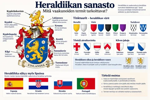 Heraldinen kilpi ja vaakunan osia havainnollistamassa heraldiikan sanaston termejä