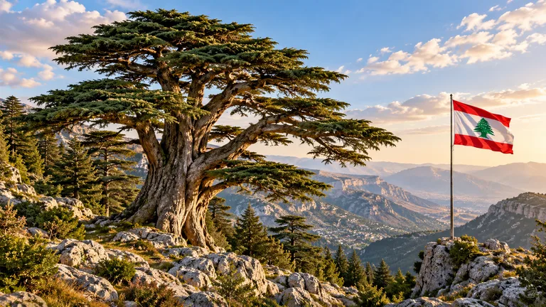 Dağlık bir manzarada Lübnan sediri ve Lübnan bayrağı