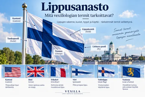 Erilaisia kansallislippuja havainnollistamassa vexillologian ja lippusanaston termejä