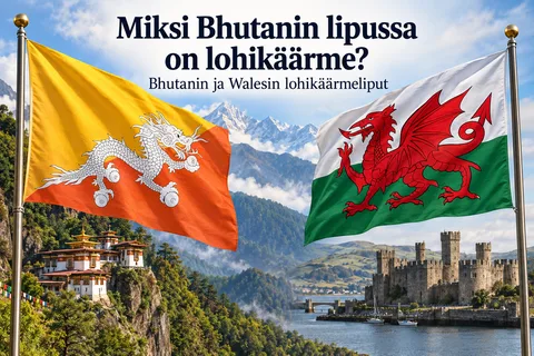 Bhutanin kelta-oranssi lippu, jonka keskellä kulkee valkoinen lohikäärme
