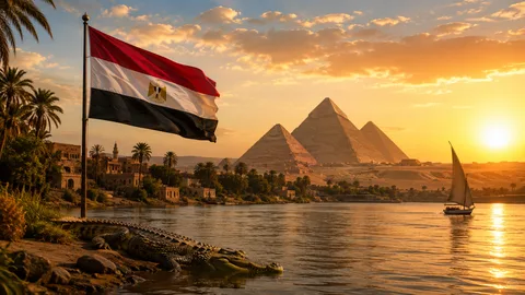 Egyptin puna-valko-musta lippu ja kultainen Saladinin kotka selkeässä lippuaiheisessa kuvituksessa
