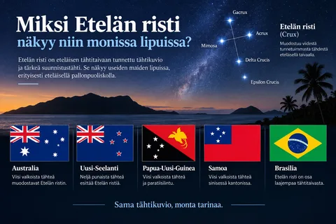 Australian, Uuden-Seelannin, Papua-Uuden-Guinean ja Samoan liput tähtitaivaan alla, jossa Etelän risti näkyy