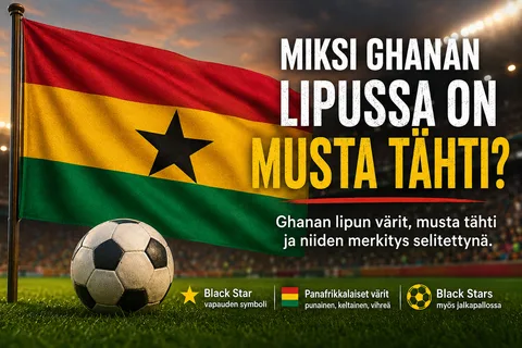 Ghanan punainen, keltainen ja vihreä lippu, jonka keskellä on musta tähti, jalkapalloteemaisessa kuvituksessa