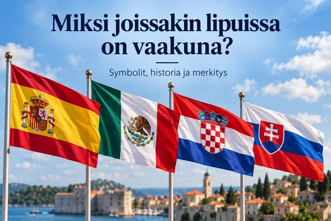 Useita kansallislippuja, joissa näkyy keskellä tai sivussa vaakuna, kuten Espanjan, Kroatian, Meksikon ja Slovakian liput