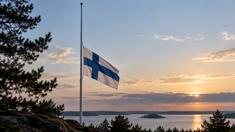 Suomen lippu puolisalossa sinistä taivasta vasten suruliputusta käsittelevän artikkelin kuvituksena