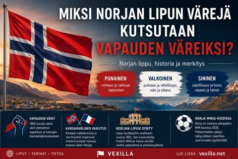 Norjan punainen lippu, jossa on valkoinen ja sininen pohjoismainen risti, vuonomaiseman yllä
