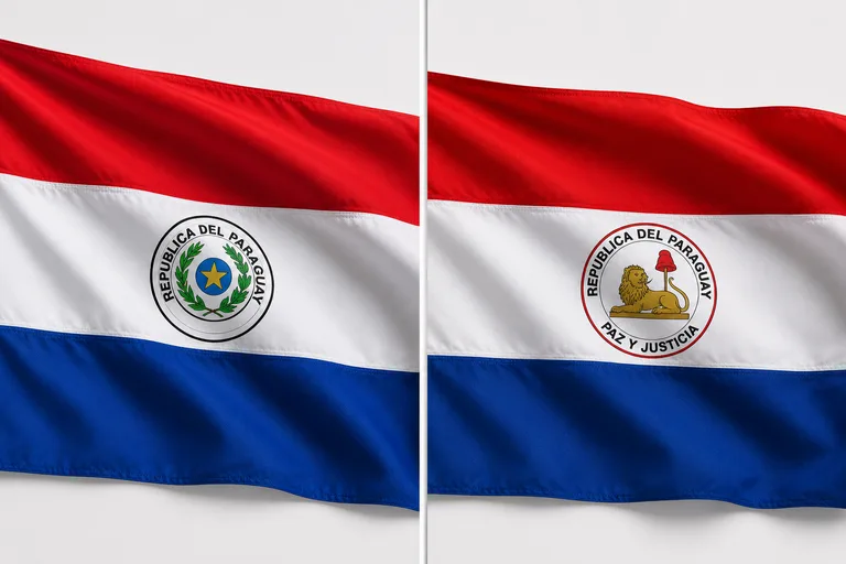 Paraguayn lipun etu- ja takapuoli vierekkäin, toisella puolella vaakuna ja toisella leijonasinetti