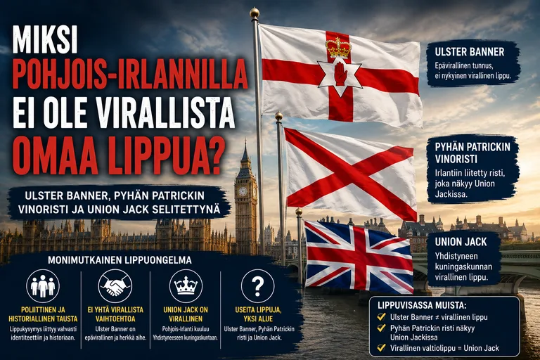 Pohjois-Irlantiin liittyviä lippuja: Ulster Banner, Pyhän Patrickin vinoristi ja Union Jack