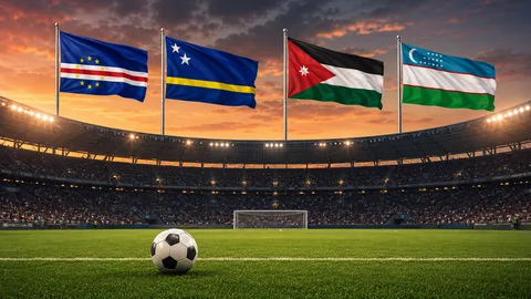 Kap Verden, Curaçaon, Jordanian ja Uzbekistanin liput jalkapallostadionilla auringonlaskussa