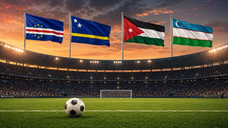 Kap Verden, Curaçaon, Jordanian ja Uzbekistanin liput jalkapallostadionilla auringonlaskussa