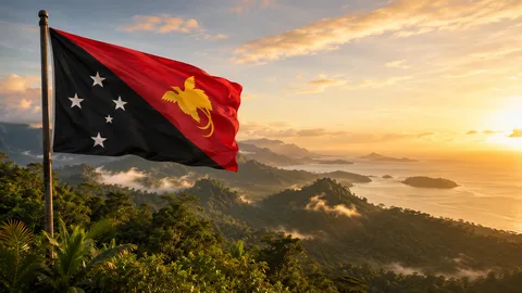 Papua-Uuden-Guinean lippu liehumassa trooppisessa vuoristomaisemassa
