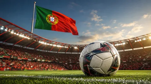Portugalin lippu stadionin tunnelmassa, etualalla jalkapallo ja lipun vaakunan yksityiskohtia