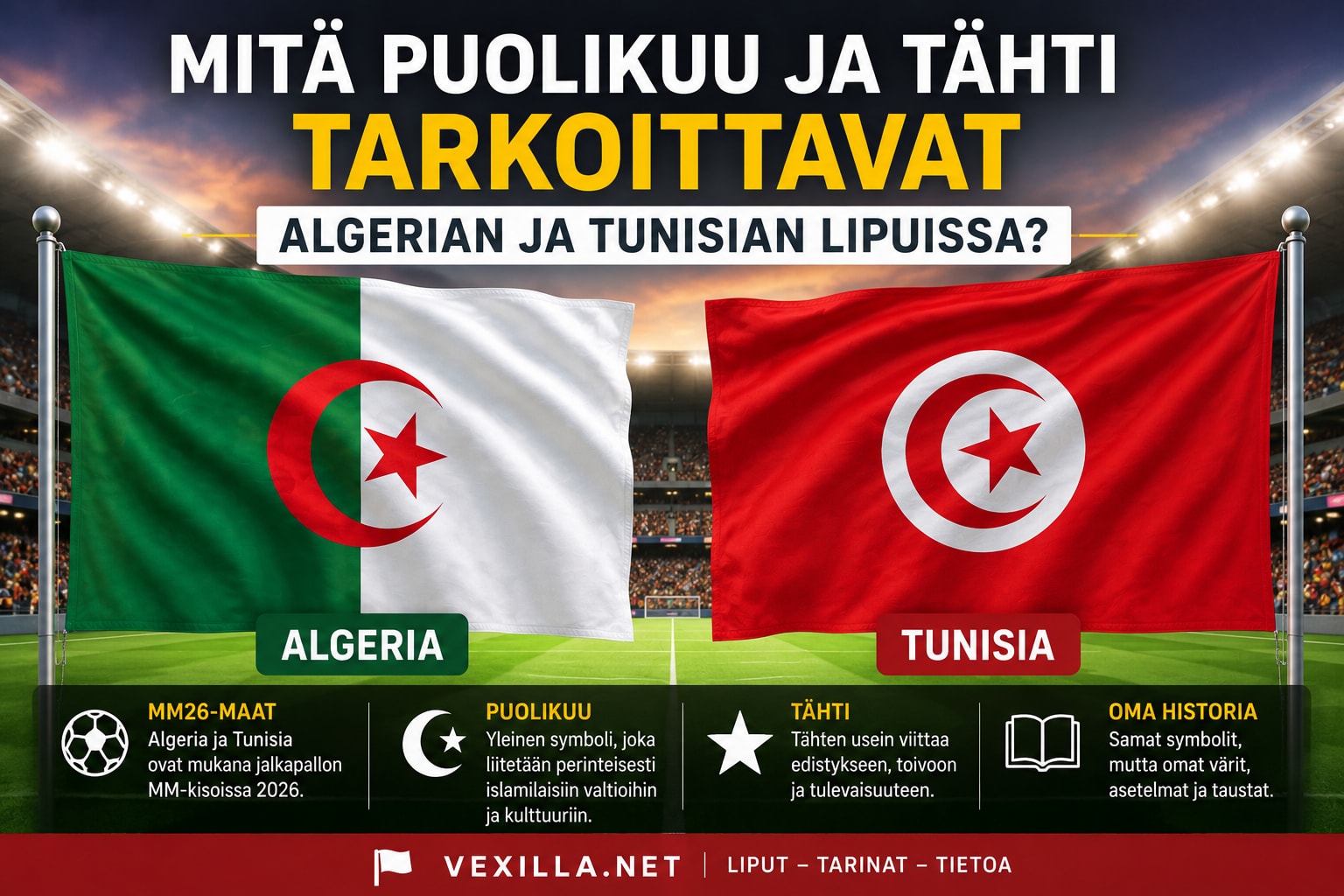 Algerian ja Tunisian liput vierekkäin, molemmissa puolikuu ja tähti