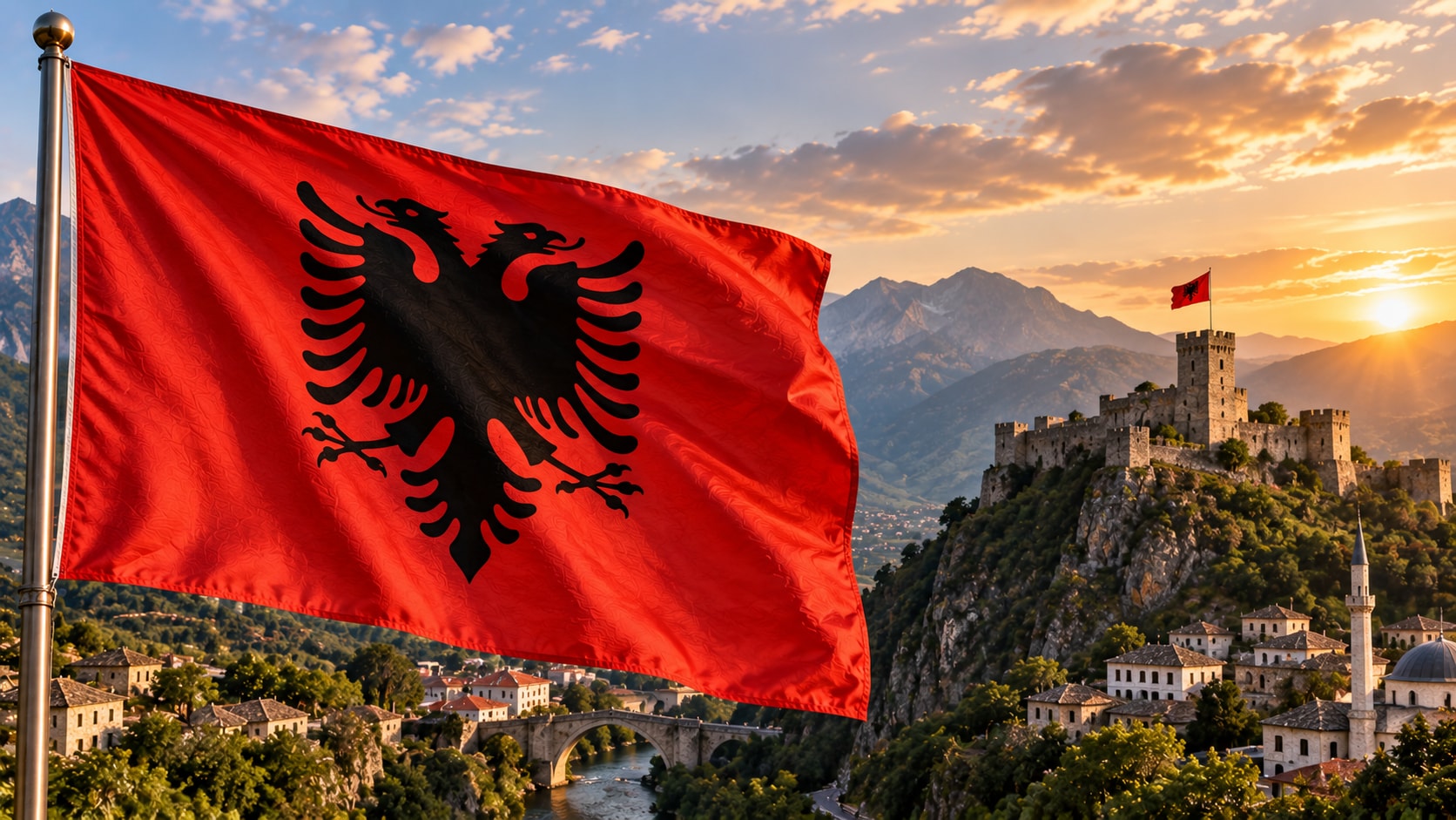 Albanian punainen lippu, jonka keskellä on musta kaksipäinen kotka