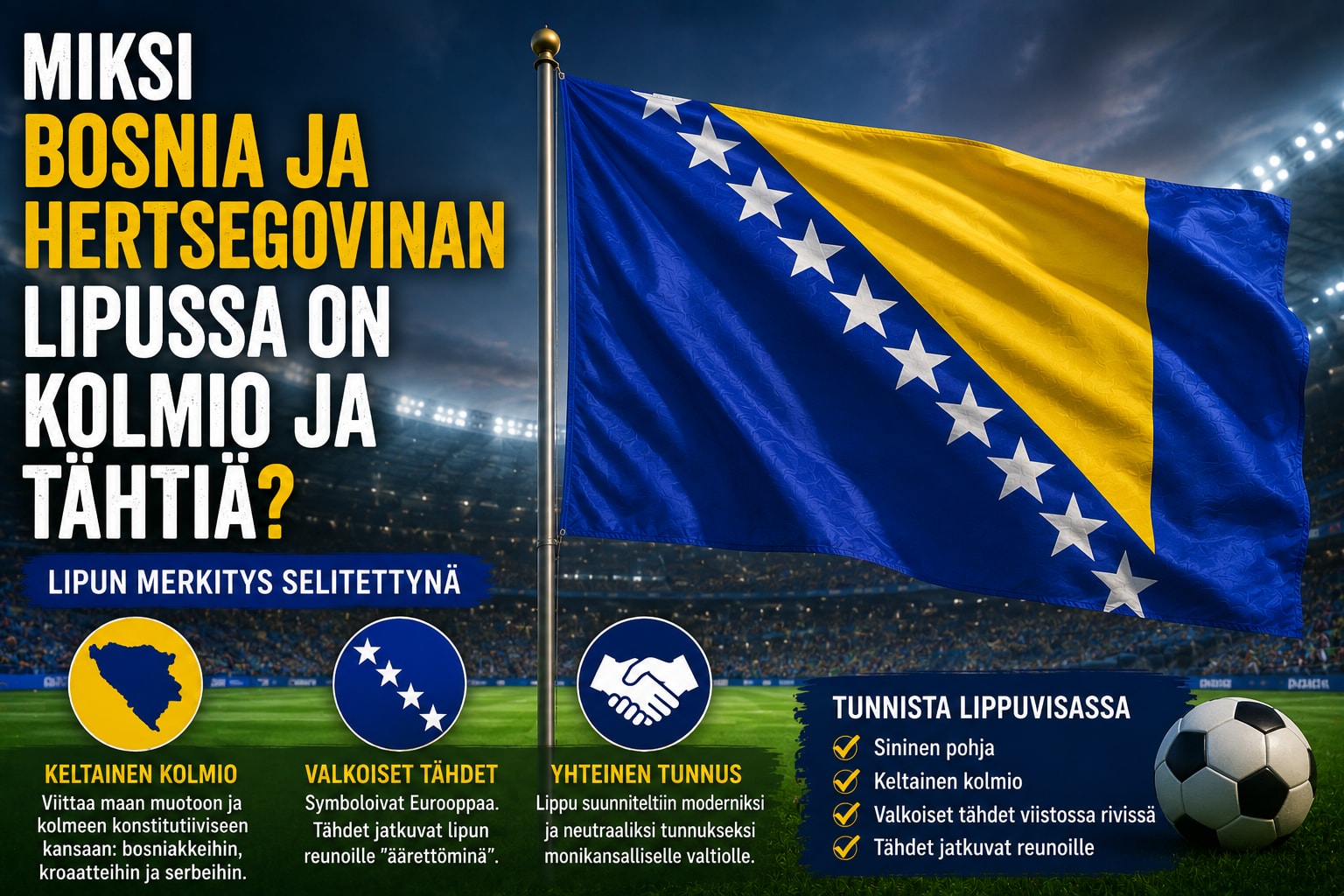 Bosnia ja Hertsegovinan sininen lippu, keltainen kolmio ja valkoiset tähdet jalkapallostadionin tunnelmassa