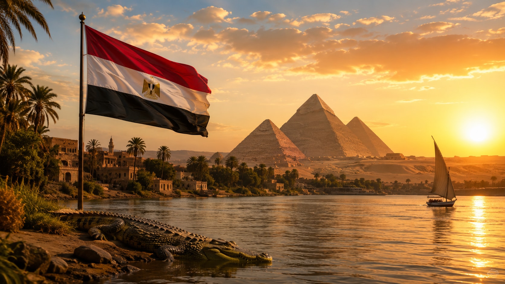 Egyptin puna-valko-musta lippu ja kultainen Saladinin kotka selkeässä lippuaiheisessa kuvituksessa