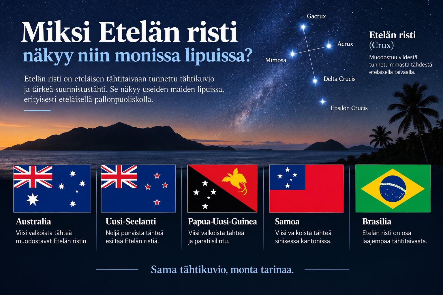 Australian, Uuden-Seelannin, Papua-Uuden-Guinean ja Samoan liput tähtitaivaan alla, jossa Etelän risti näkyy