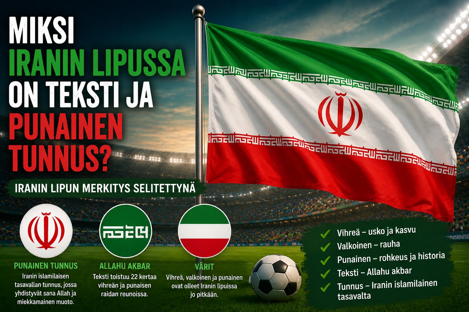 Iranin vihreä-valko-punainen lippu jalkapallostadionin tunnelmassa, keskellä punainen tunnus