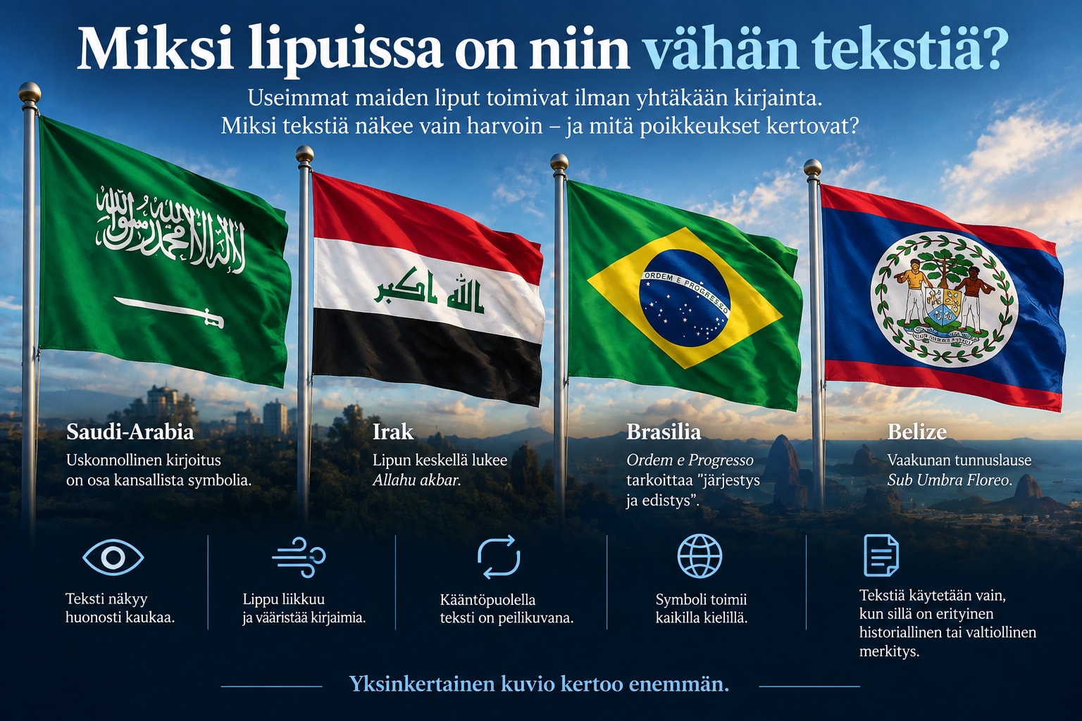 Saudi-Arabian, Irakin, Brasilian ja Belizen liput havainnollistamassa tekstin käyttöä kansallislipuissa
