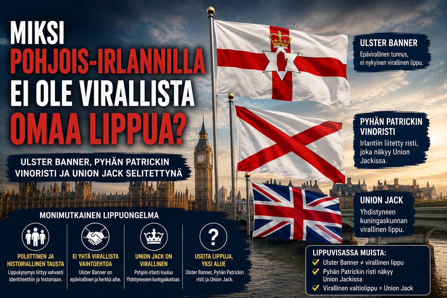 Pohjois-Irlantiin liittyviä lippuja: Ulster Banner, Pyhän Patrickin vinoristi ja Union Jack