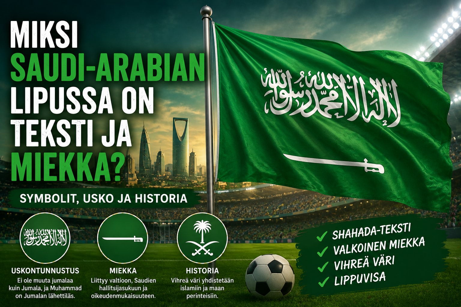 Saudi-Arabian vihreä lippu jalkapallostadionin tunnelmassa, valkoinen teksti ja miekka erottuvat lipussa