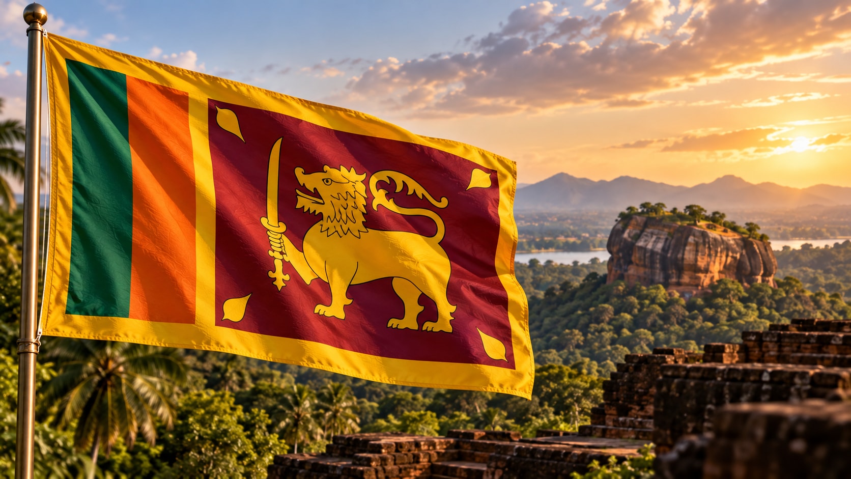 Sri Lankan lippu, jossa kultainen leijona pitelee miekkaa viininpunaisella kentällä