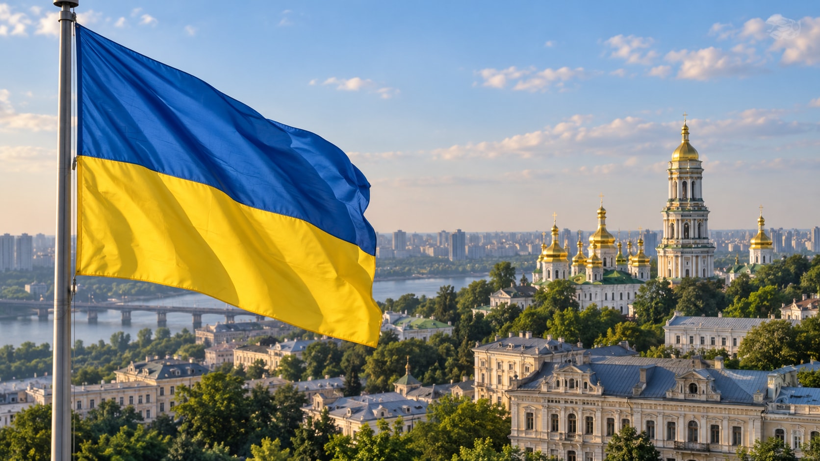Ukrainan sinikeltainen lippu liehumassa sinisen taivaan ja kultaisen viljapellon yllä