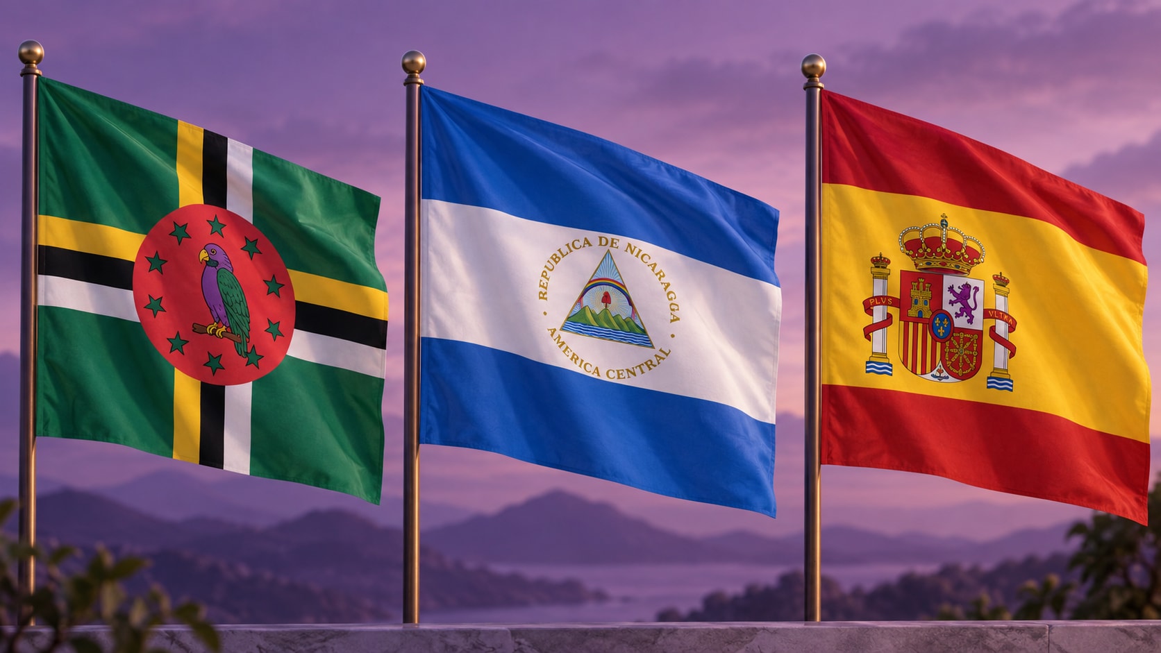 Dominican, Nicaraguan ja Espanjan liput purppuranväristä taustaa vasten havainnollistamassa violetin harvinaisuutta kansallislipuissa