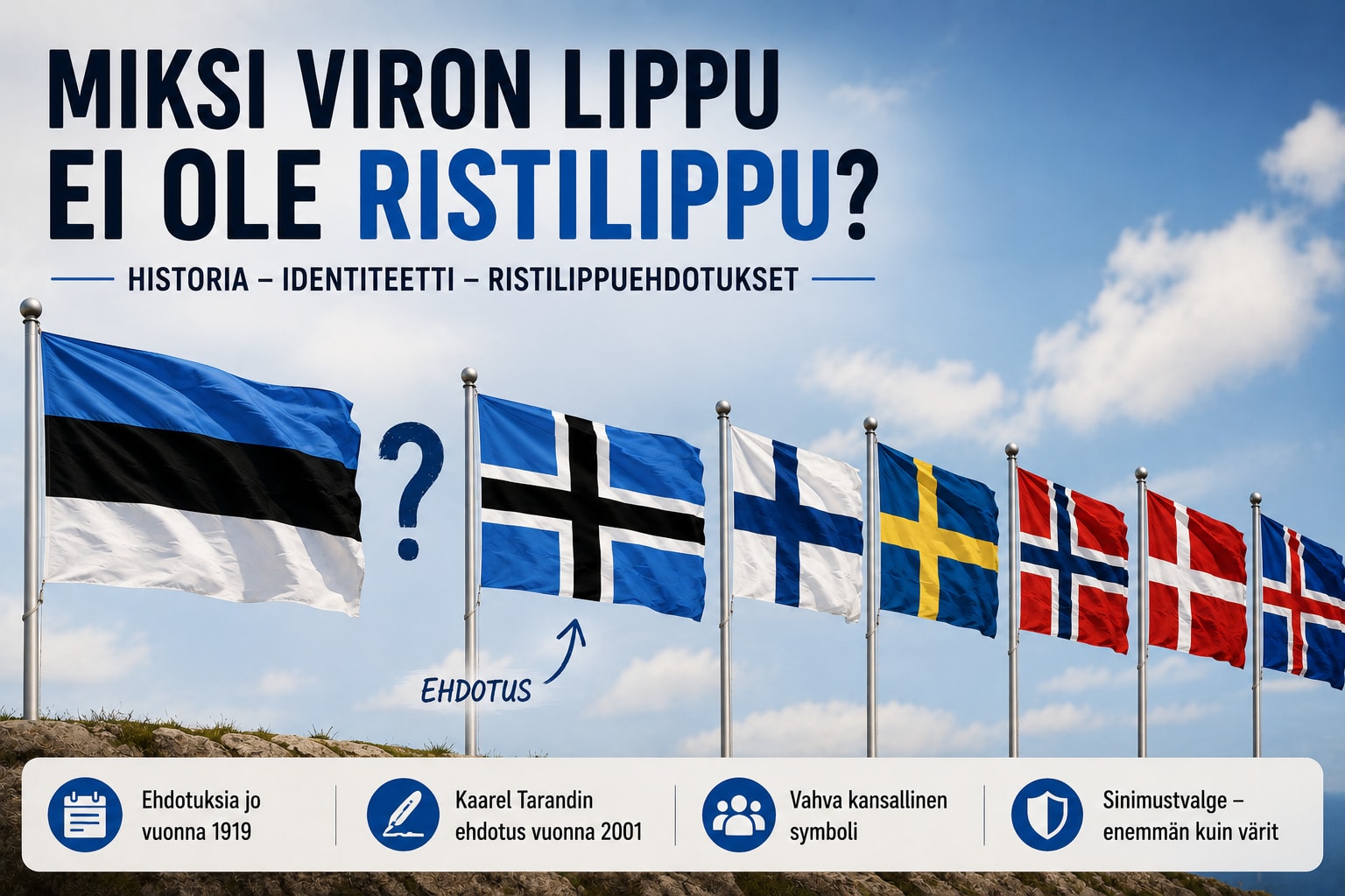 Viron nykyinen sinimustavalkoinen lippu ja pohjoismaista ristilippua muistuttavia ehdotusmalleja