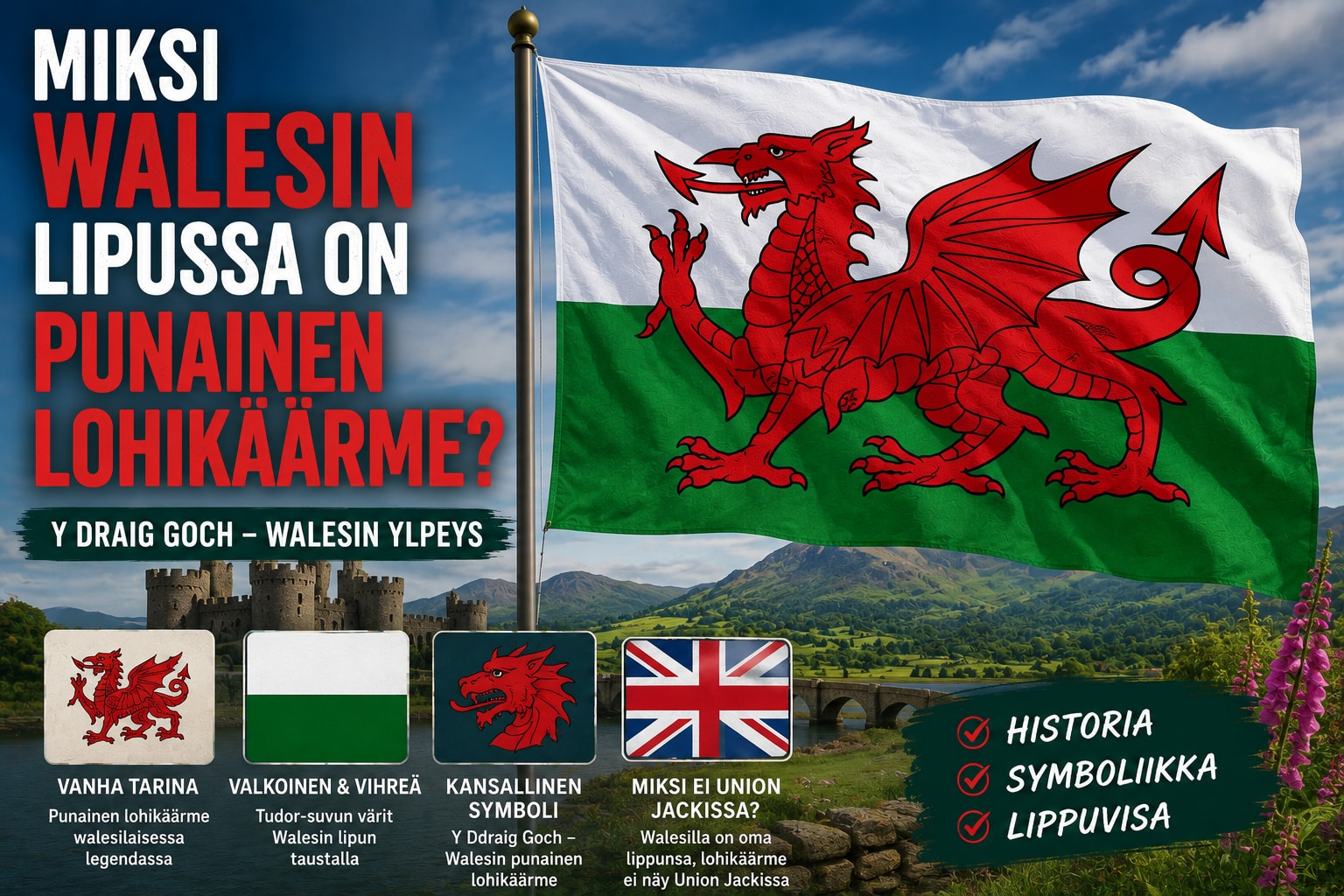 Walesin valko-vihreä lippu punaisella lohikäärmeellä historiallisessa stadionitunnelmassa
