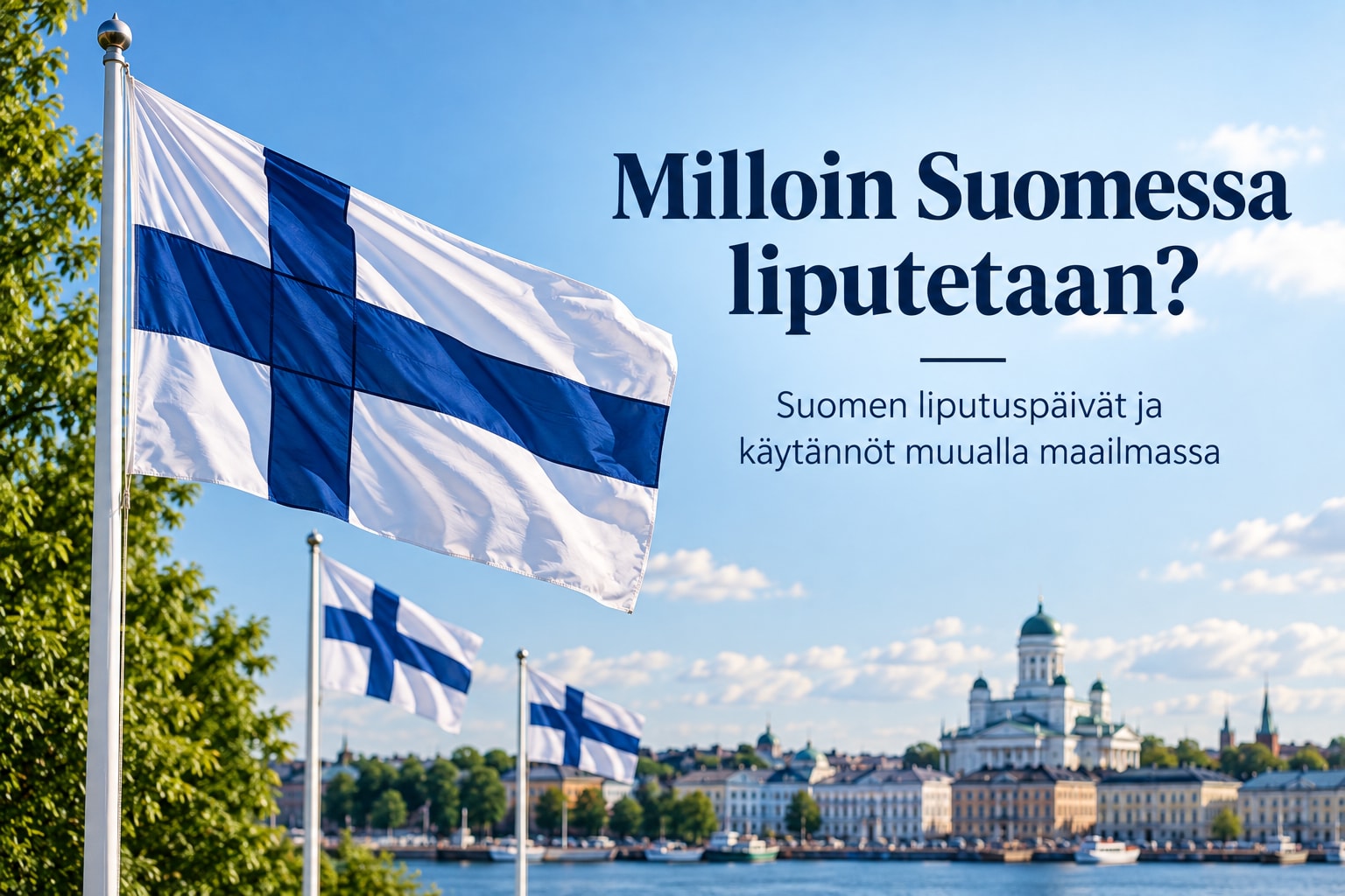 Suomen lippuja liehumassa lipputangoissa kirkasta taivasta vasten