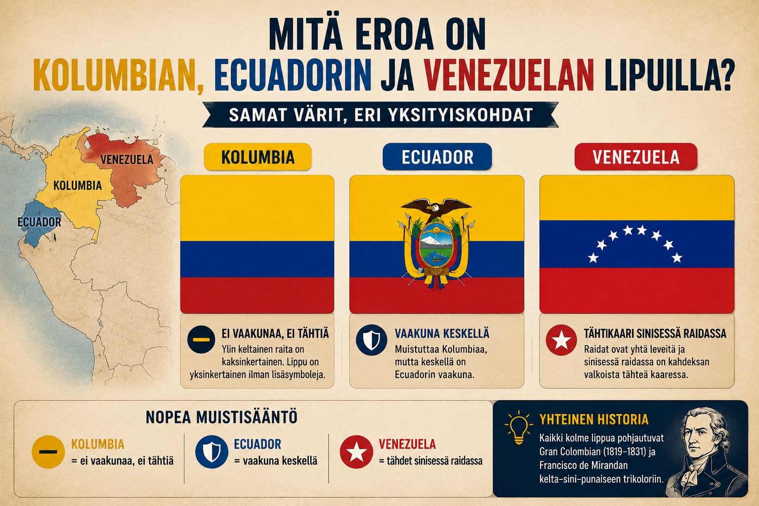 Kolumbian, Ecuadorin ja Venezuelan liput vierekkäin vertailuinfografiikassa