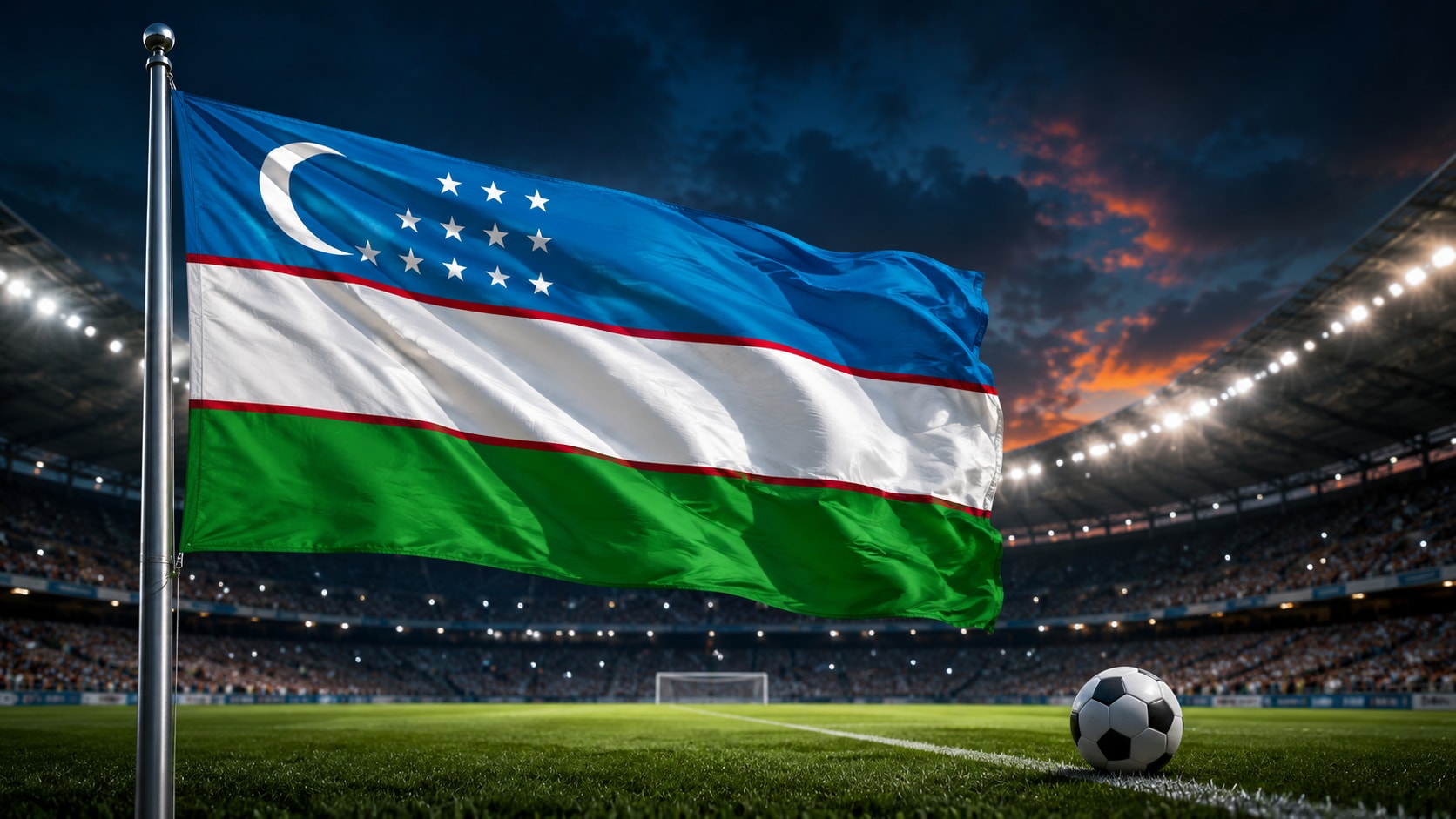 Uzbekistanin sininen, valkoinen ja vihreä lippu jalkapallostadionilla, kuunsirppi ja tähdet näkyvissä