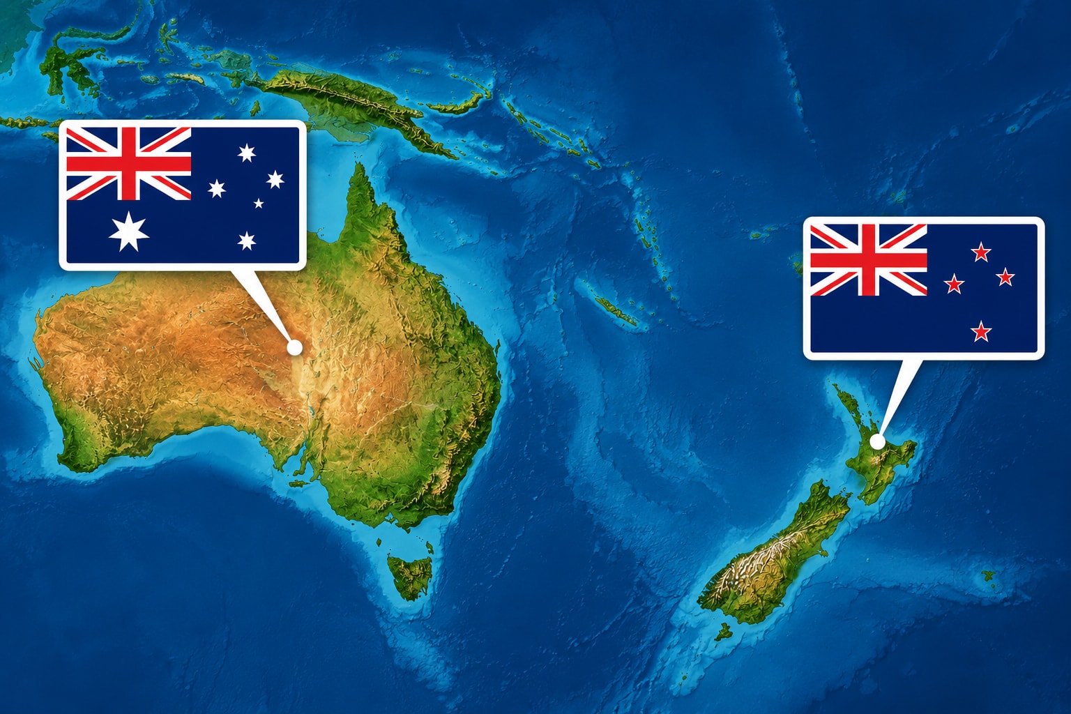 Karta över Australien och Nya Zeeland med ländernas flaggor