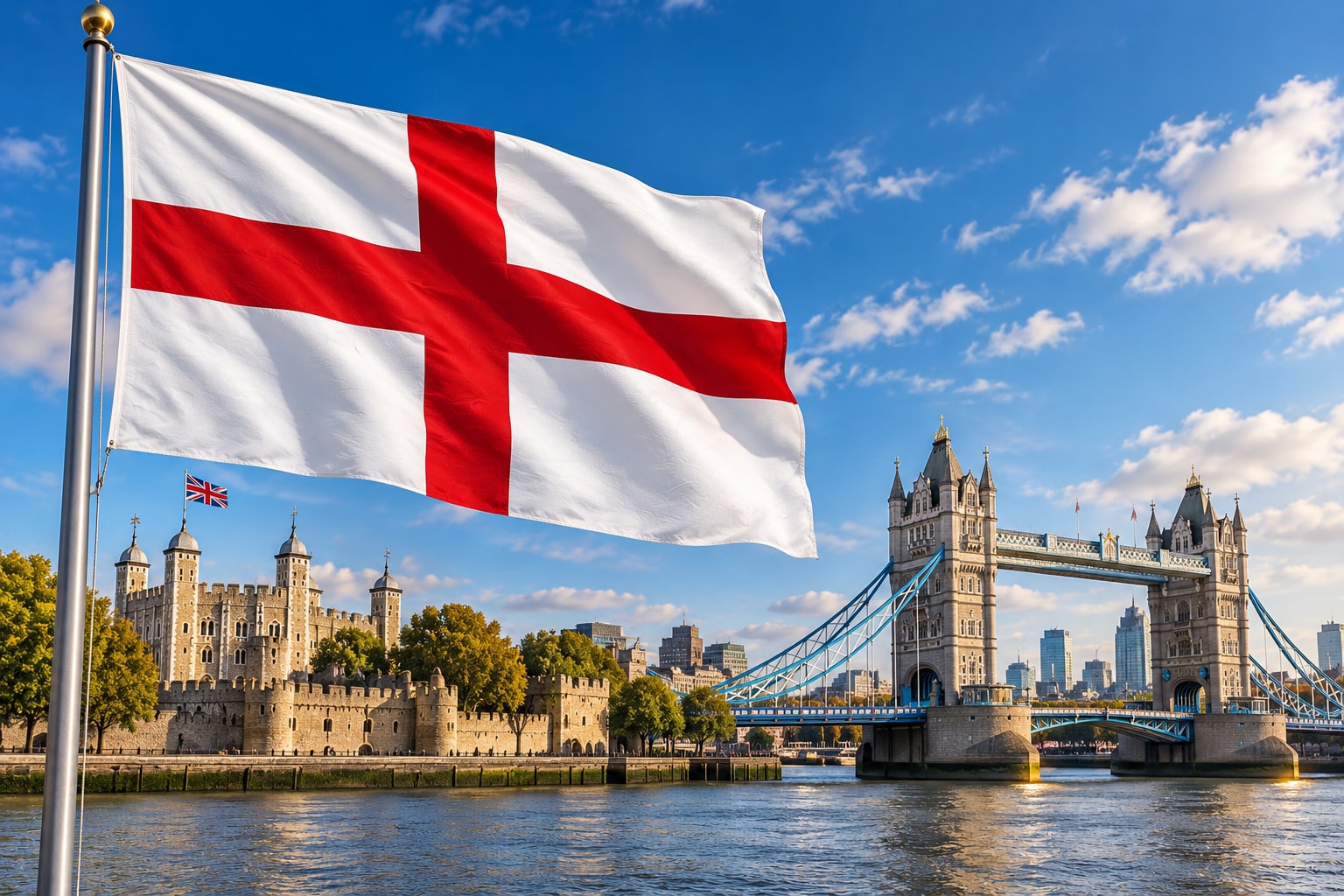 Flaga Anglii z czerwonym krzyżem świętego Jerzego nad Londynem; w tle Tower Bridge, Tower of London i mniejsza flaga Union Jack